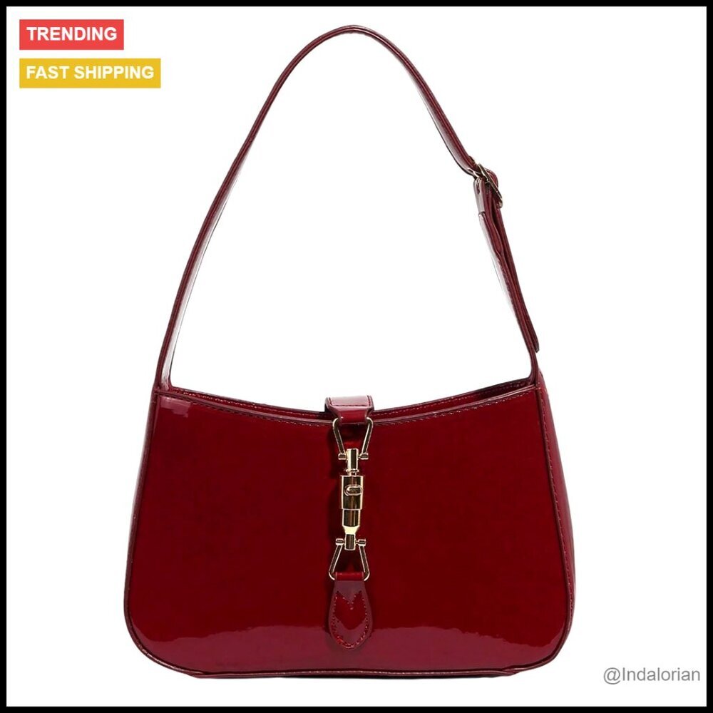 Patent Leather Shoulder Bag Classic Work Dressy Buckle Underarm Adjustable Strap